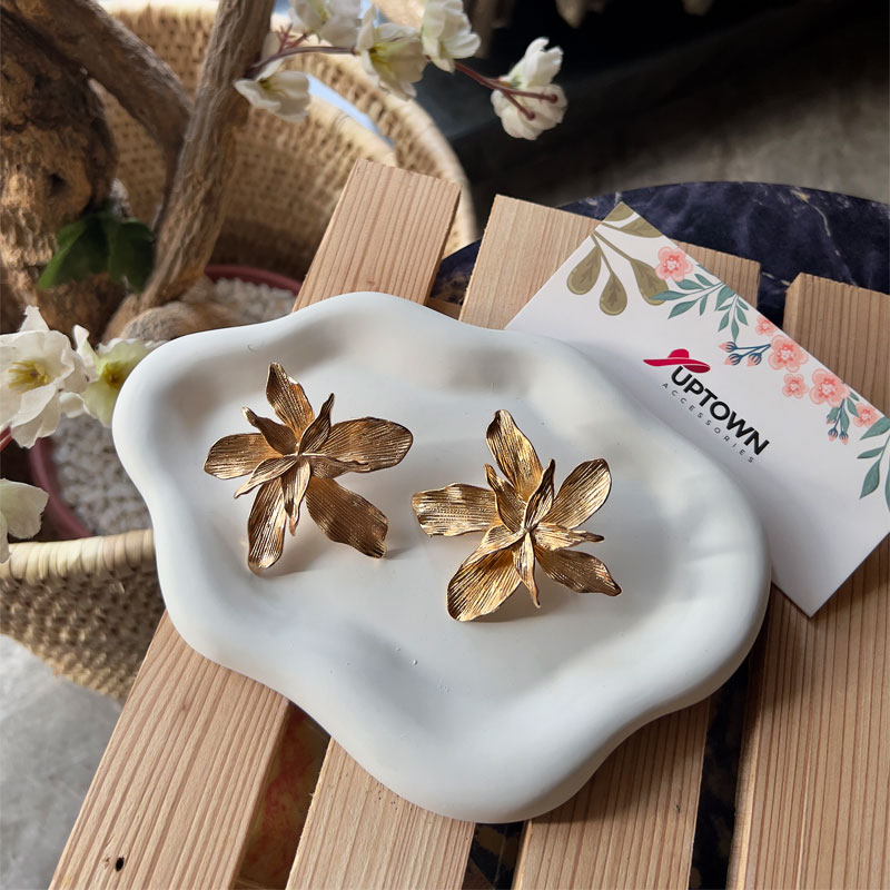 gold orchid petal stud earrings stainless steel
