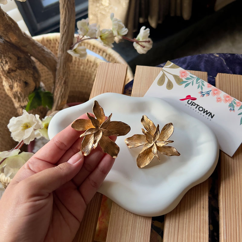 gold orchid petal stud earrings stainless steel