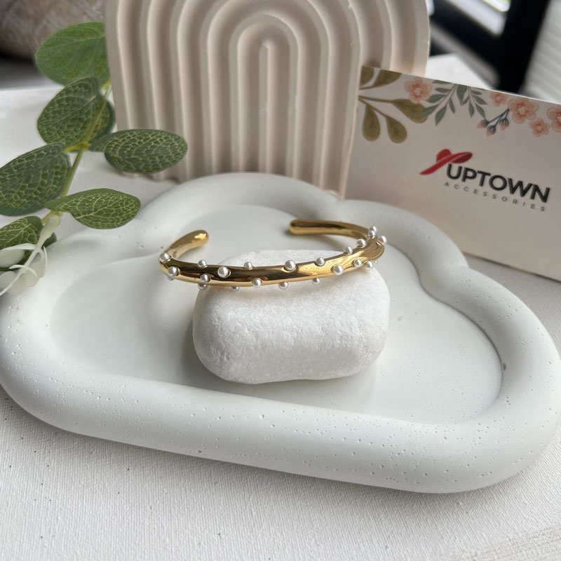 Gold cuff bracelet scattered with dainty white pearls – Pearl Speckle Cuff by Uptown Accessories