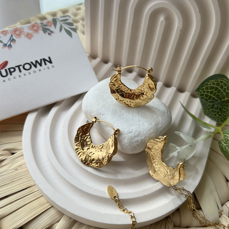 Hammered gold crescent moon necklace and hoop earrings set – Hammered Crescent Set by Uptown Accessories