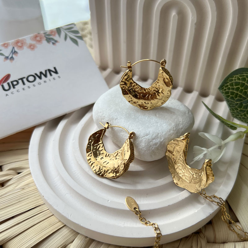 Hammered gold crescent moon necklace and hoop earrings set – Hammered Crescent Set by Uptown Accessories