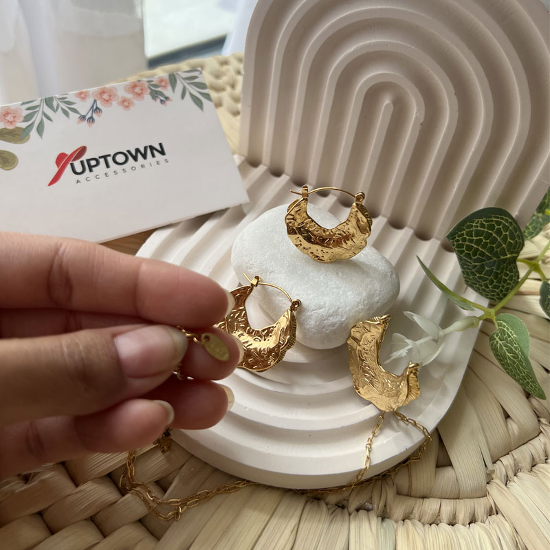 Hammered gold crescent moon necklace and hoop earrings set – Hammered Crescent Set by Uptown Accessories