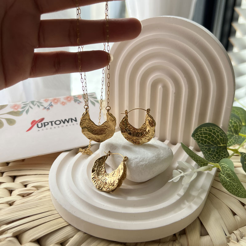 Hammered gold crescent moon necklace and hoop earrings set – Hammered Crescent Set by Uptown Accessories