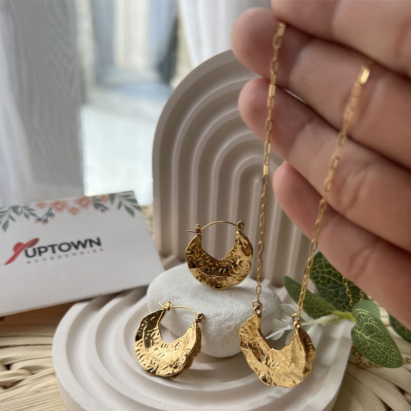 Hammered gold crescent moon necklace and hoop earrings set – Hammered Crescent Set by Uptown Accessories
