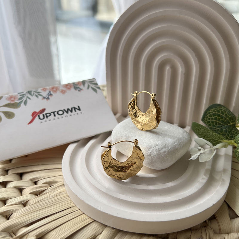 Hammered gold crescent moon necklace and hoop earrings set – Hammered Crescent Set by Uptown Accessories