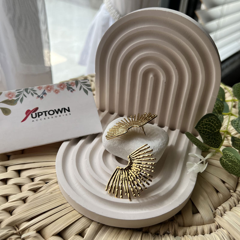 Gold sunburst fan-shaped stud earrings – Sunburst Fan Studs by Uptown Accessories