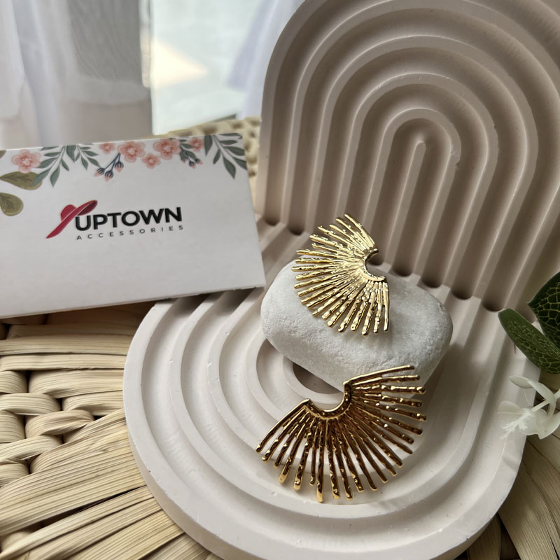 Gold sunburst fan-shaped stud earrings – Sunburst Fan Studs by Uptown Accessories